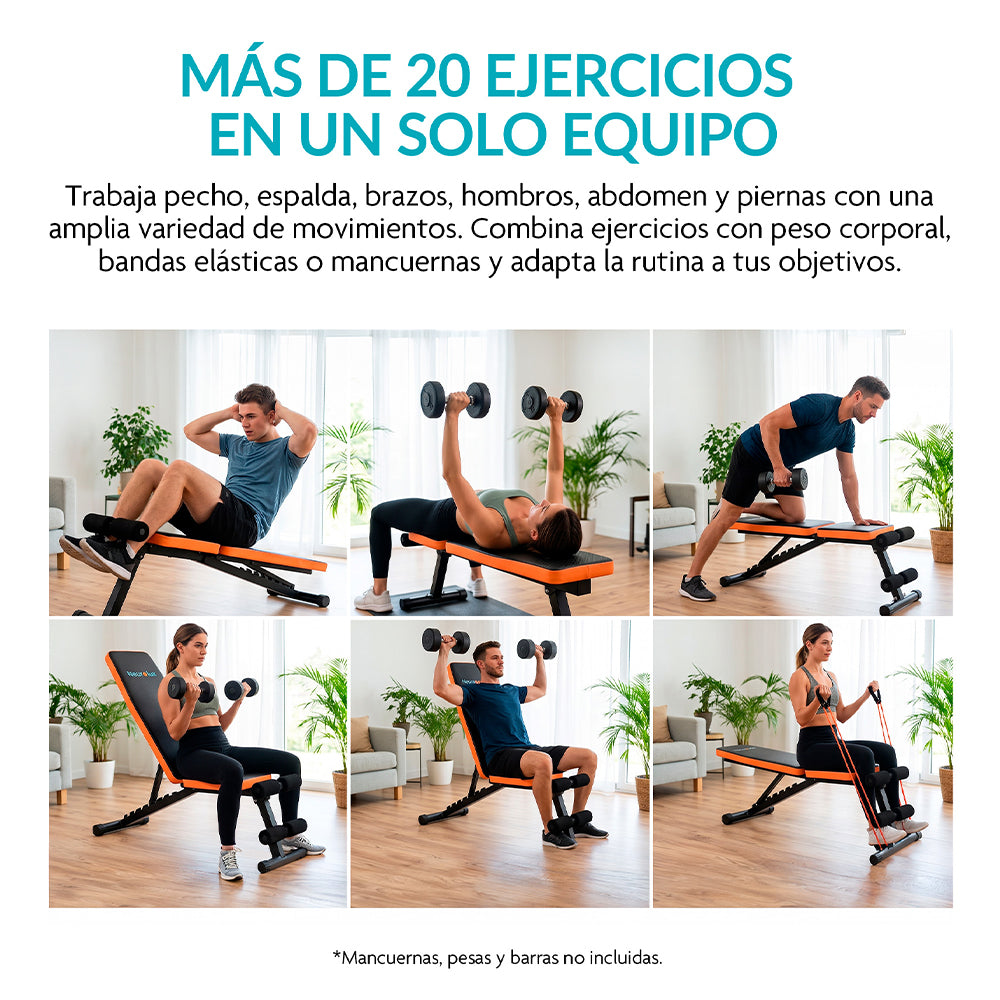 Banco para Ejercicio Multifuncional Plegable con 2 Ligas Incluidas y Respaldo de 7 Posiciones