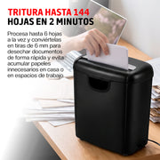 Trituradora de Papel y Tarjetas de Crédito, Capacidad 6 Hojas, Cesto 10 L, Función Reversa