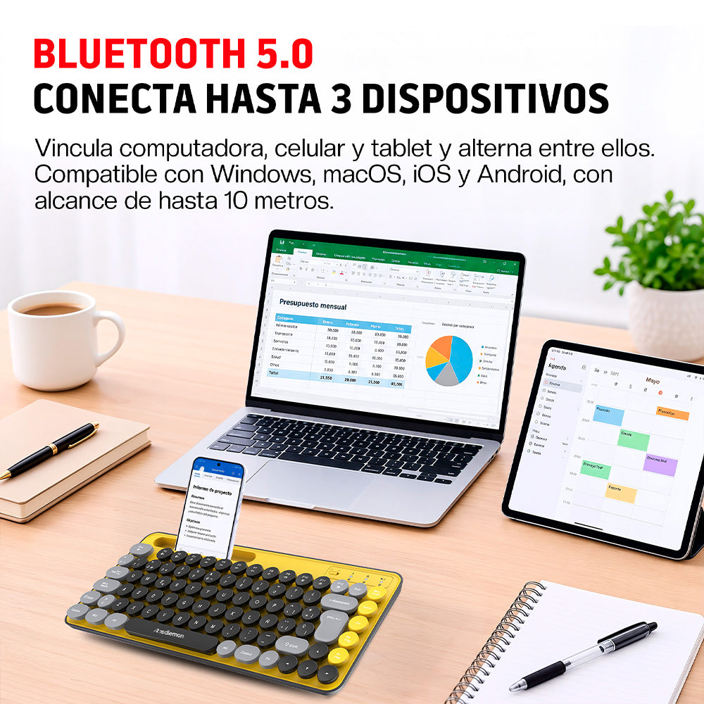 Teclado Inalámbrico en Español Diseño Retro con Teclas de Colores
