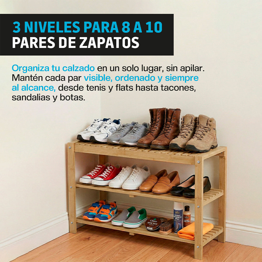 Zapatera de Bambú de 3 Niveles para 8 a 10 Pares — detalle del producto