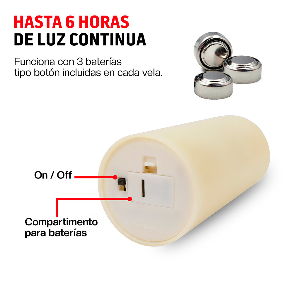 Paquete de 6 Velas LED Largas de Pilas, Flama Realista con Movimiento y Baterías Incluidas