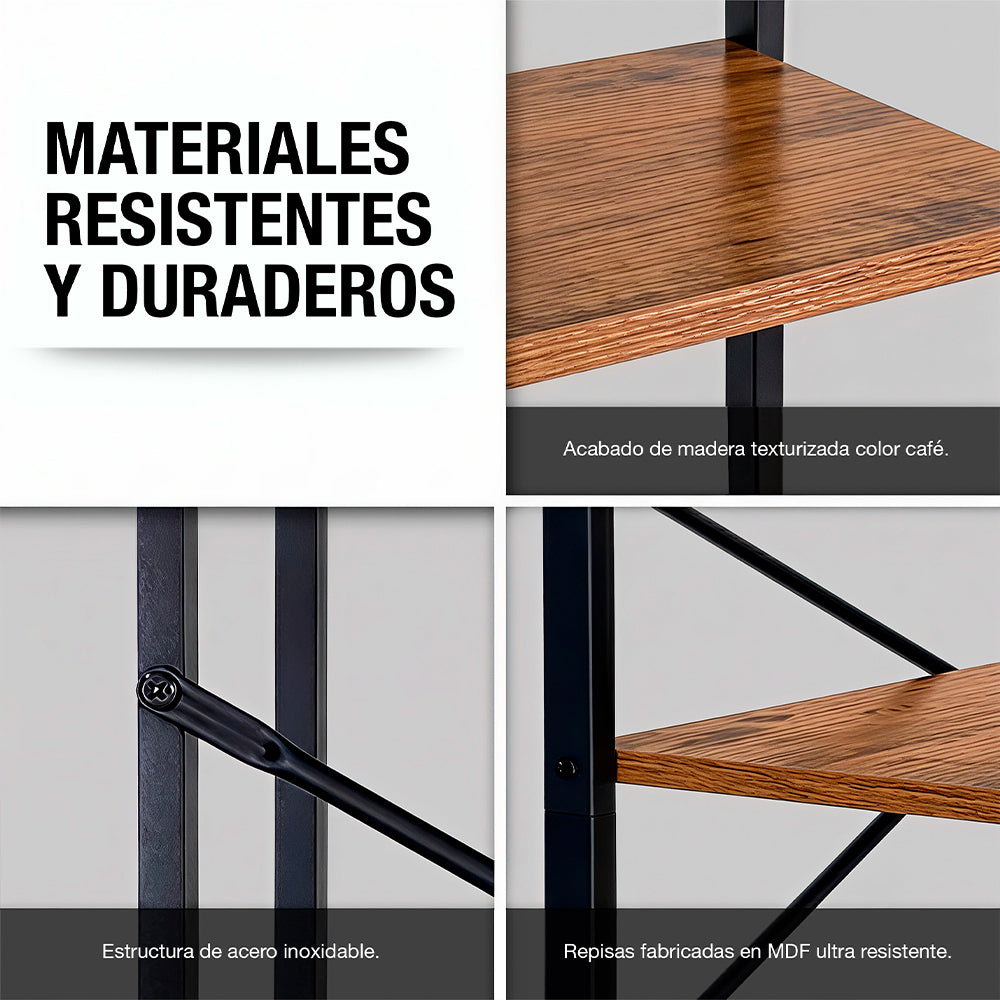 Librero de 5 Niveles Ajustables de Madera y Acero — características destacadas