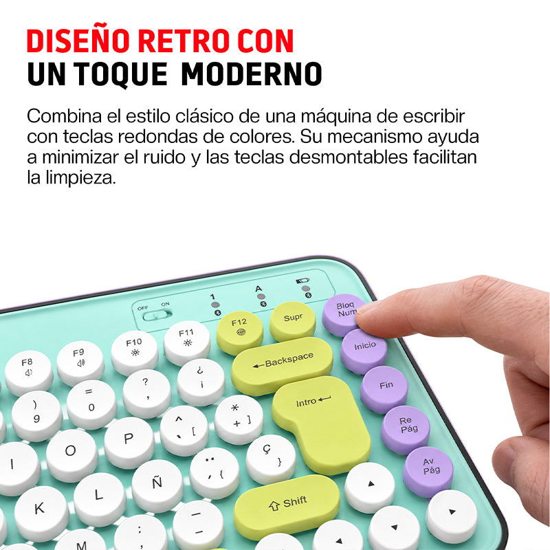 Teclado Inalámbrico en Español Diseño Retro con Teclas de Colores