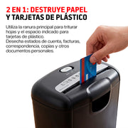 Trituradora de Papel y Tarjetas de Crédito, Capacidad 6 Hojas, Cesto 10 L, Función Reversa