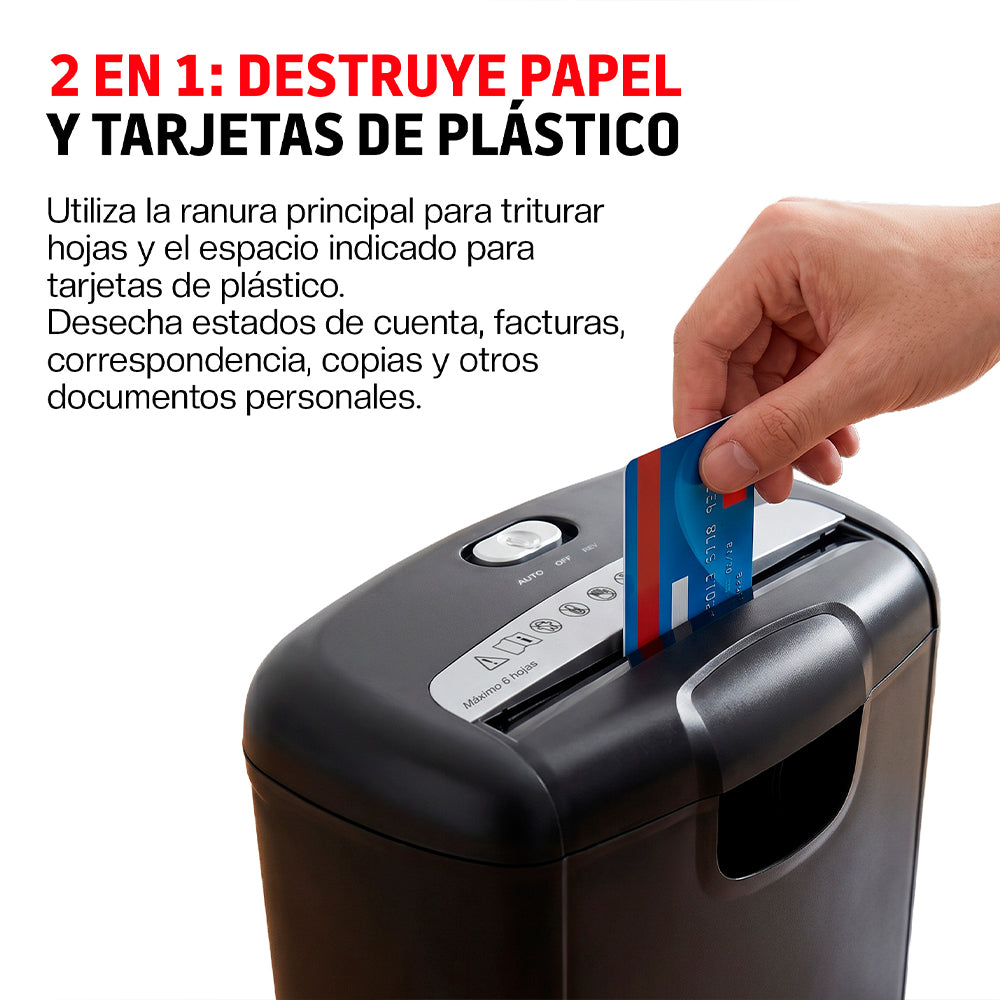 Trituradora de Papel y Tarjetas de Crédito, Capacidad 6 Hojas, Cesto 10 L, Función Reversa