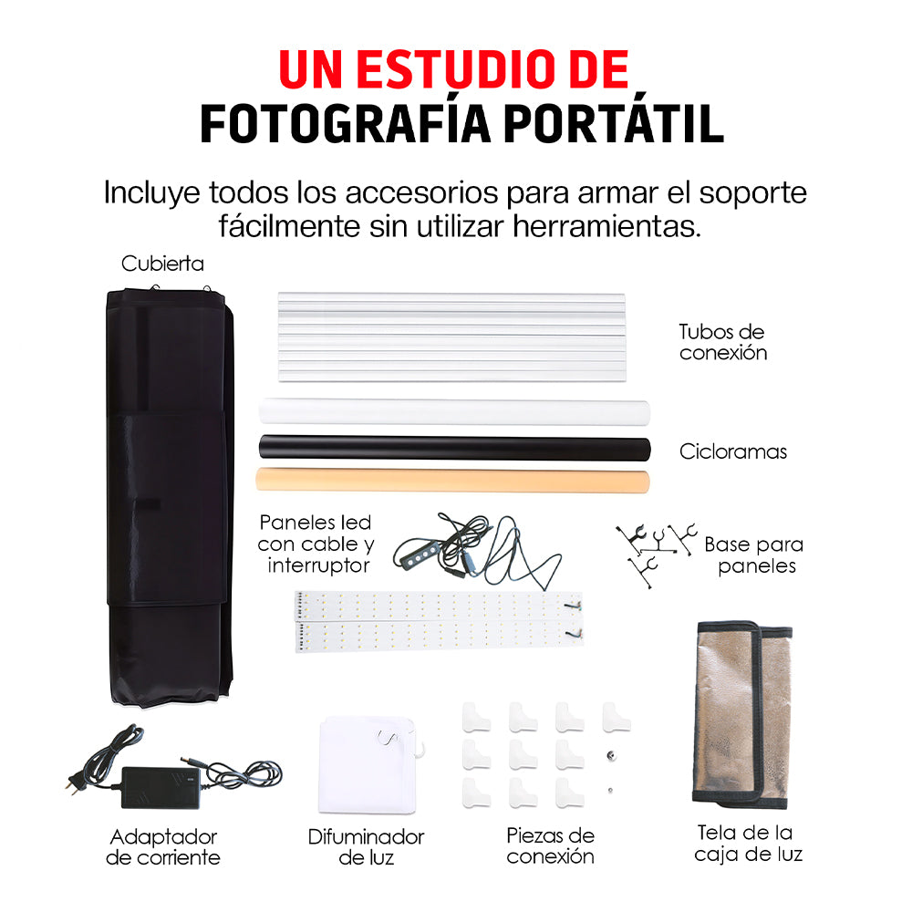 Caja de Luz para Fotografía Profesional Portátil (50x50x50 cm), Iluminación LED, 3 Fondos de Colores
