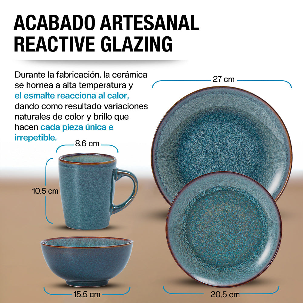 Medidas de taza, tazón y platos de la vajilla Casa Litus azul reactive glaze