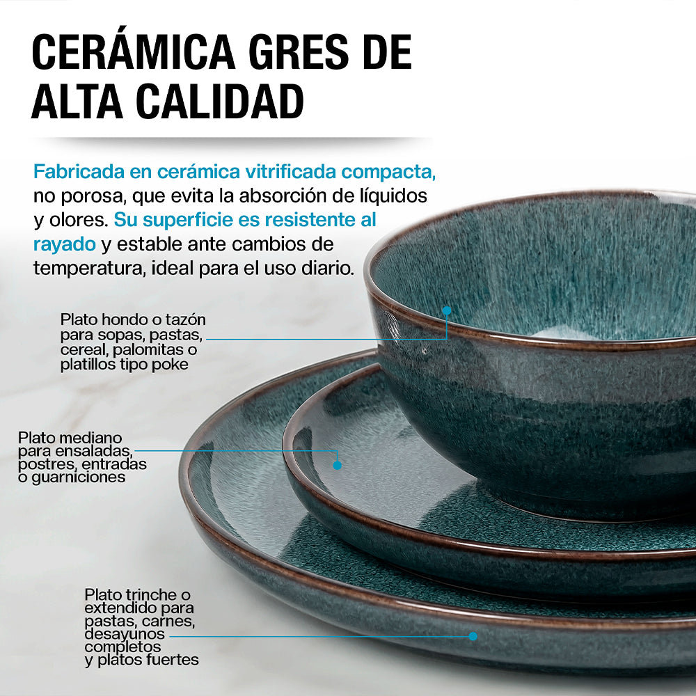 Detalle del esmalte reactive glaze en tazón y platos de gres Casa Litus