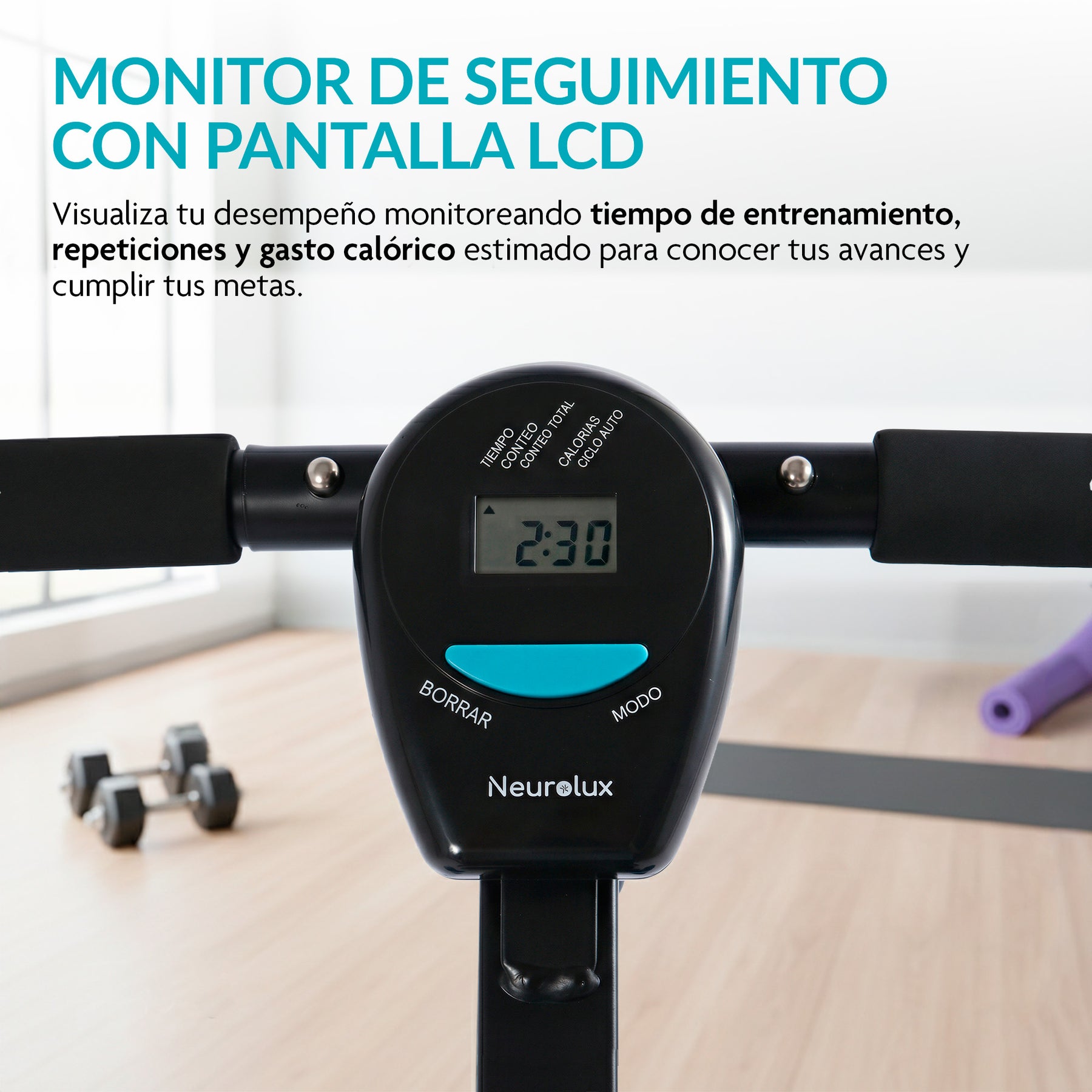 Monitor LCD de la remadora con tiempo, repeticiones y calorías