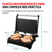 Parrilla Eléctrica para Panini, Antiadherente, Apertura 180° con Charola Removible