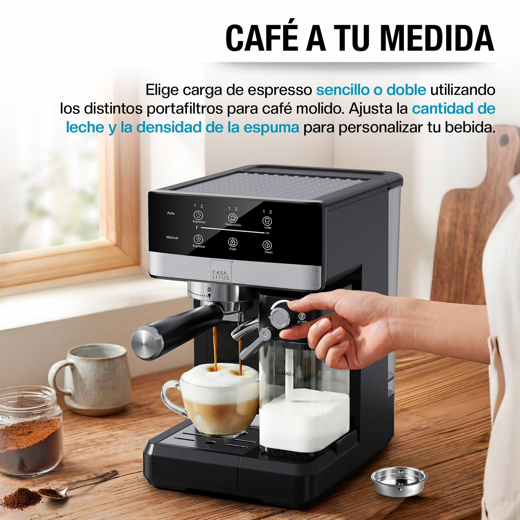 Cafetera con modos para espresso sencillo, doble, capuchino y latte