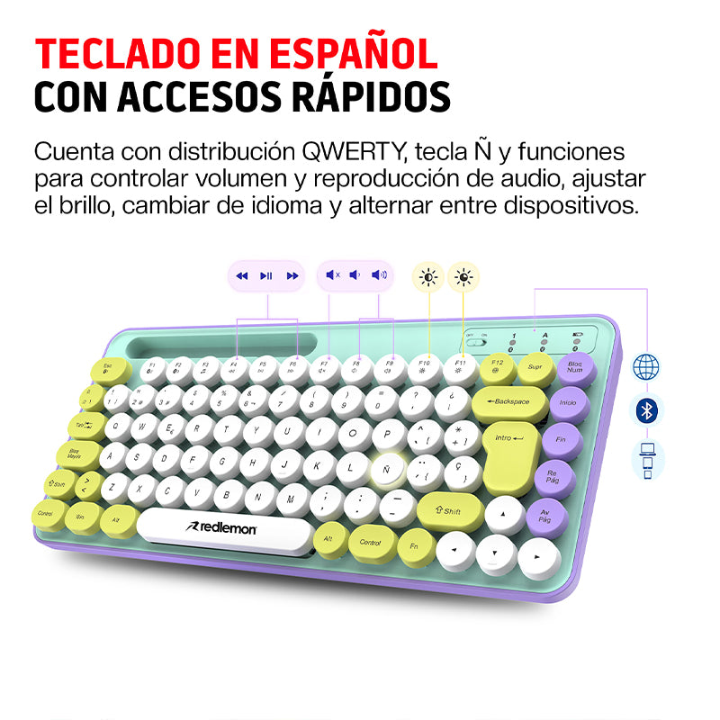 Teclado Inalámbrico en Español Diseño Retro con Teclas de Colores