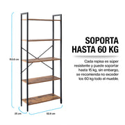 Librero de 5 Niveles Ajustables de Madera y Acero — detalle de diseño