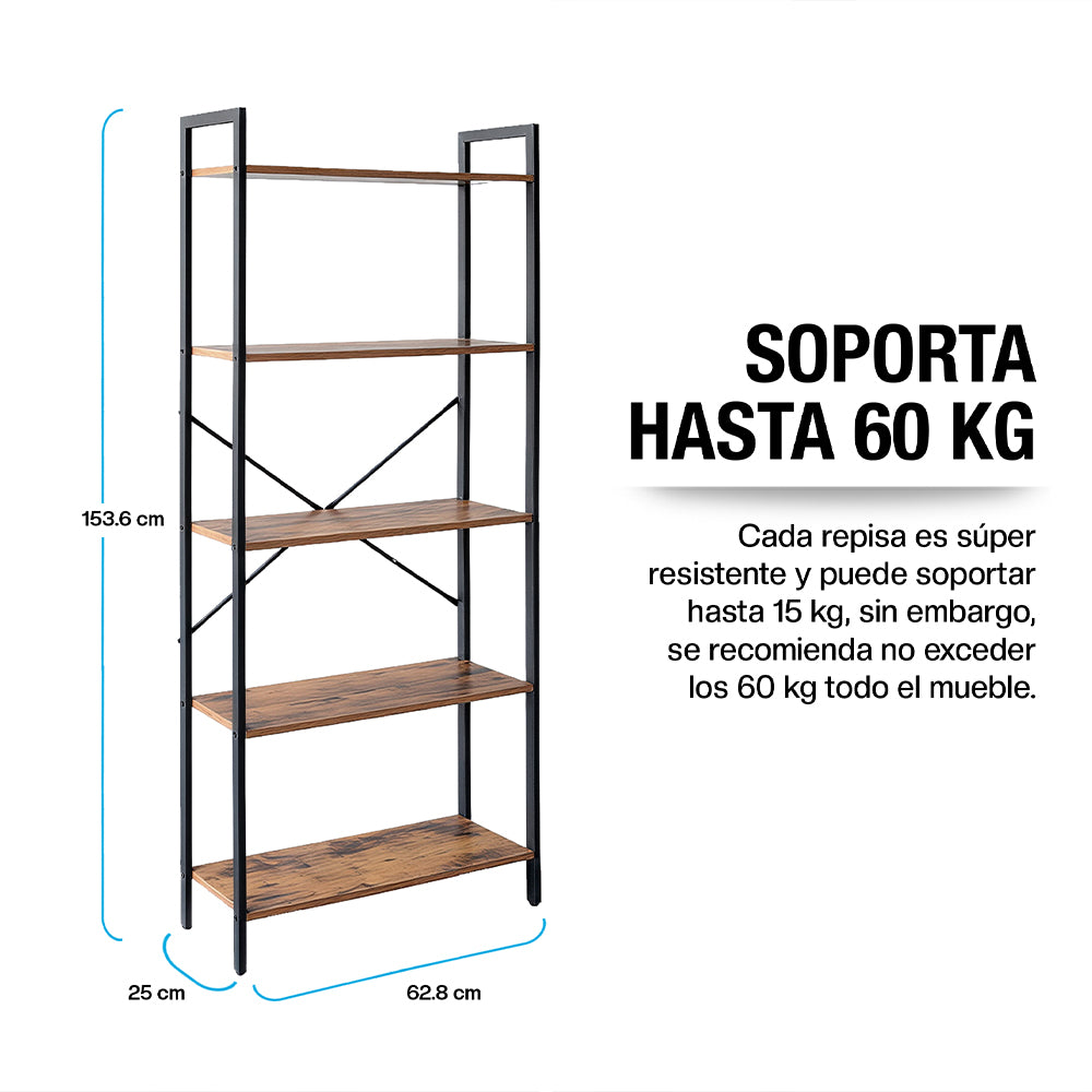 Librero de 5 Niveles Ajustables de Madera y Acero — detalle de diseño