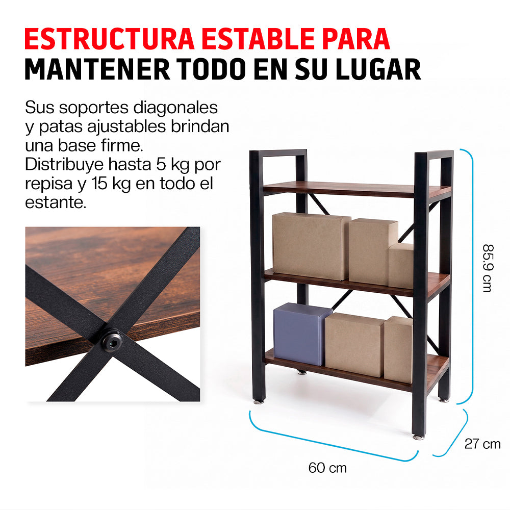 Estante Organizador de 3 Niveles, Madera y Hierro, para Hogar y Oficina