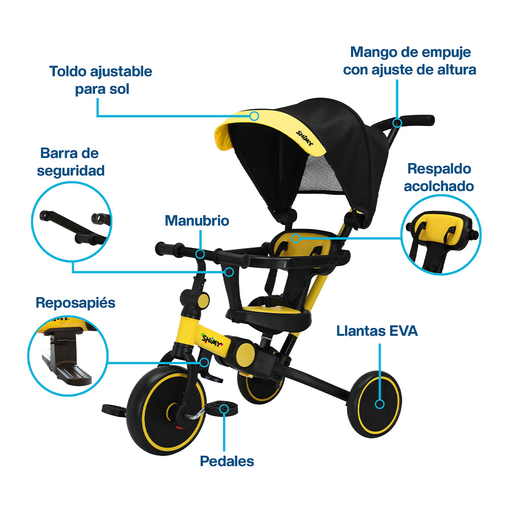 Triciclo Evolutivo 5 en 1 Plegable para Niños Shimy — detalle de diseño