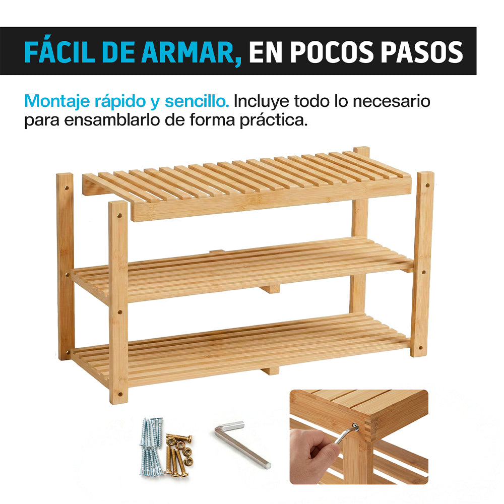 Zapatera de Bambú de 3 Niveles para 8 a 10 Pares — detalle de diseño
