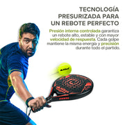 Set de 9 pelotas de pádel presurizadas en 3 tubos — detalle de diseño