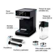 Partes de la cafetera: depósitos, portafiltro y filtros incluidos