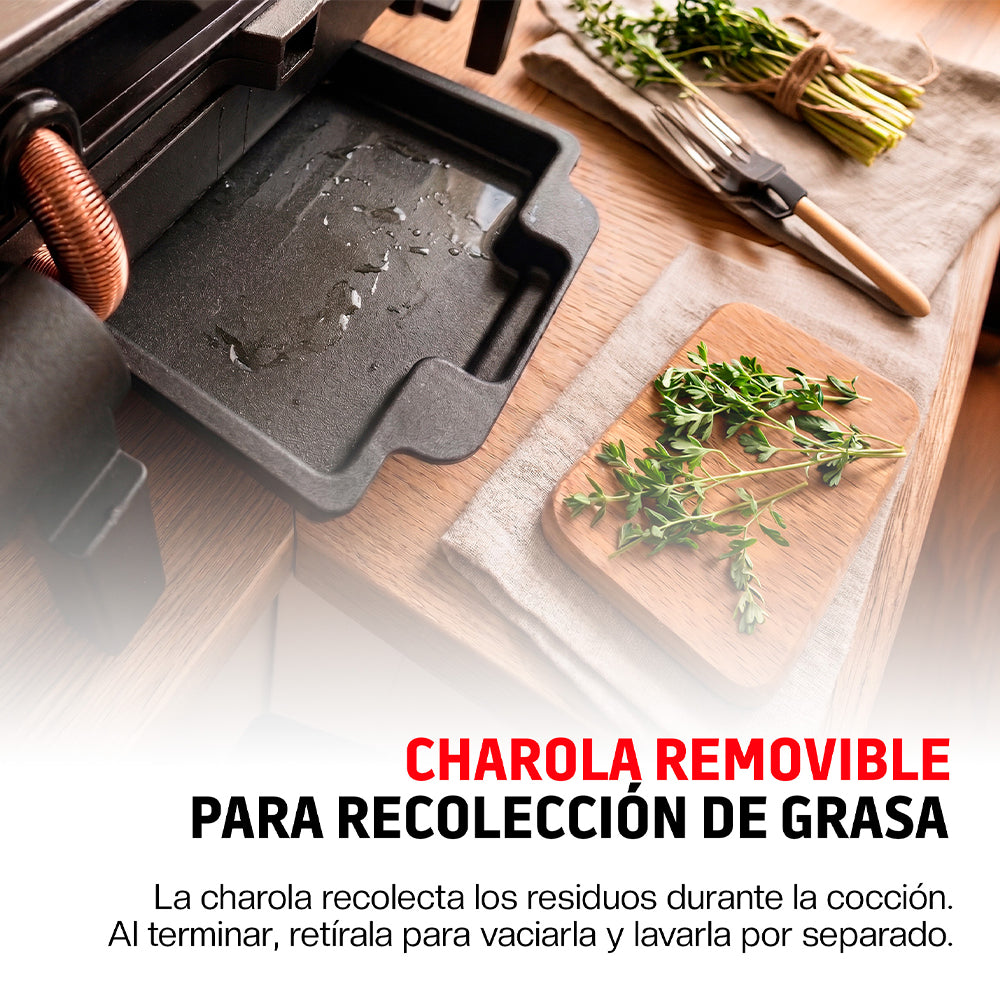 Parrilla Eléctrica para Panini, Antiadherente, Apertura 180° con Charola Removible