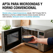 Tazón de gres Casa Litus azul entrando a un horno de microondas