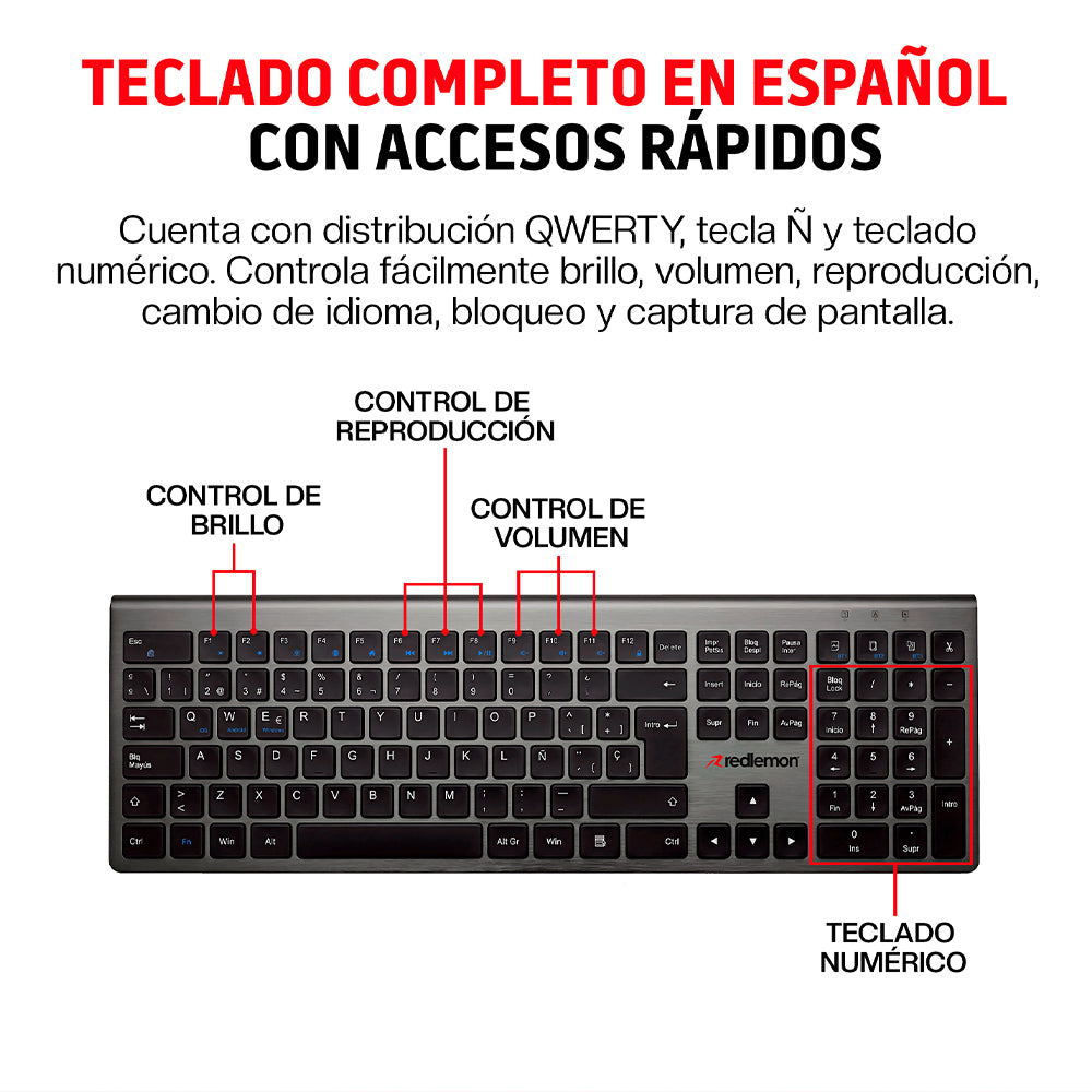 Teclado Inalámbrico Recargable con Cable USB-C para Windows, Mac y Android