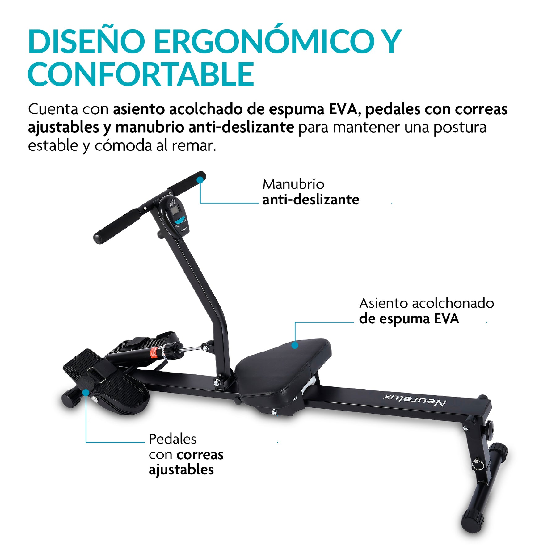 Asiento acolchado, pedales con correas y manubrio antideslizante