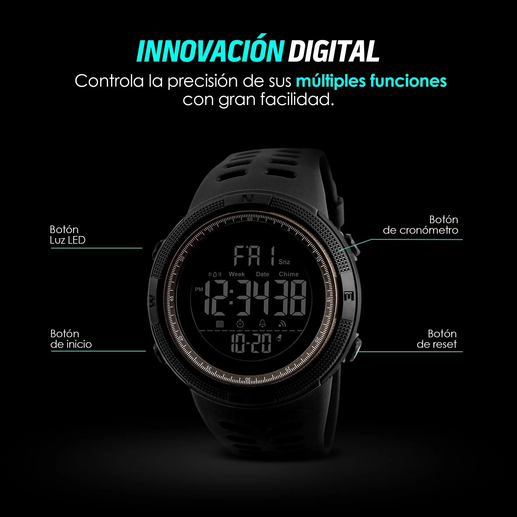 Reloj Deportivo Resistente Agua Digital, Alarma, Cronómetro 1251 Redlemon Technology México