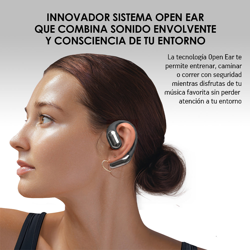 Audífonos deportivos open ear Bluetooth 5.3 IPX5 — componentes incluidos