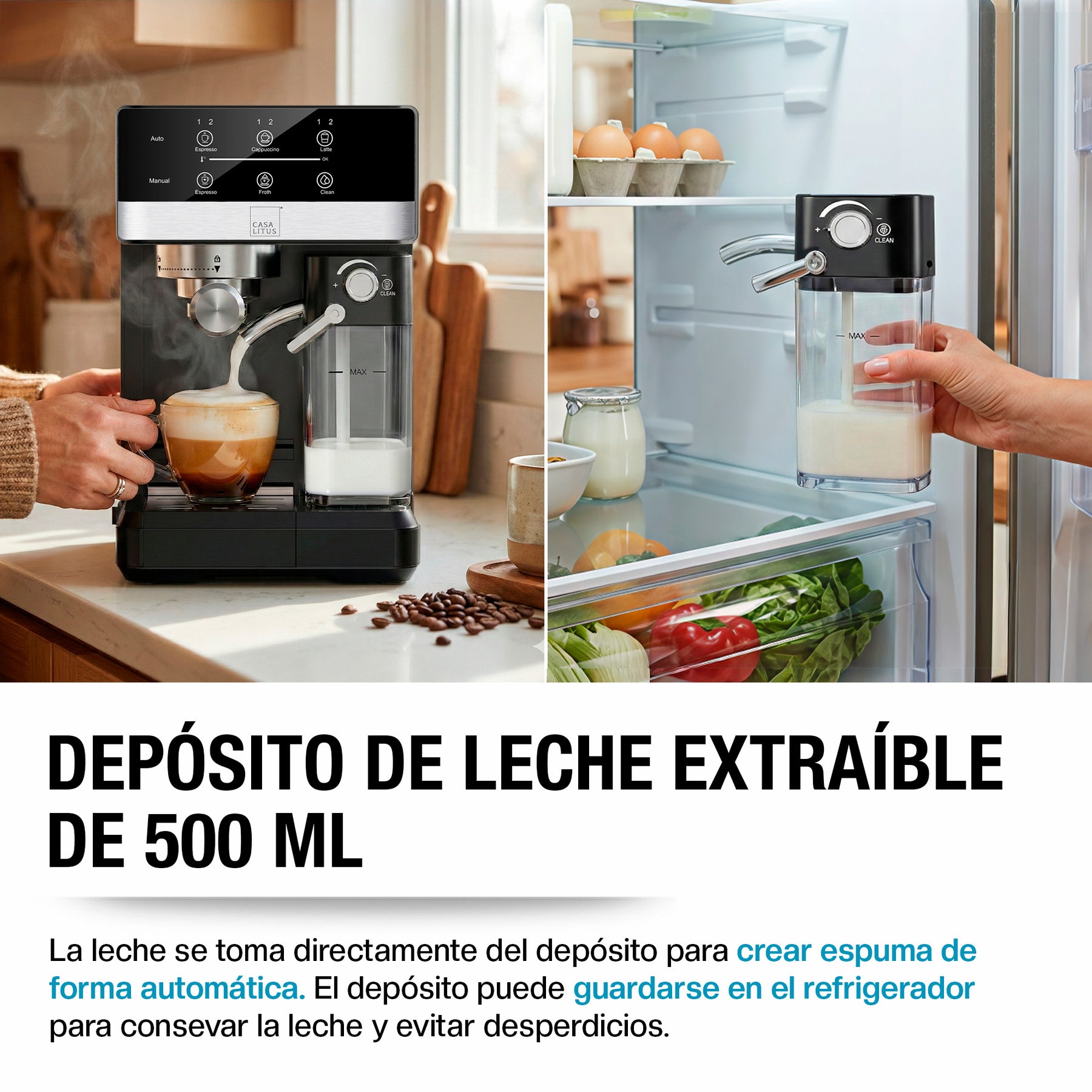 Depósito de leche extraíble de 500 ml de la cafetera