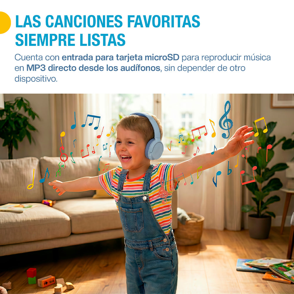 Audífonos para niños Bluetooth 5.4 con cable y microSD — medidas y especificaciones