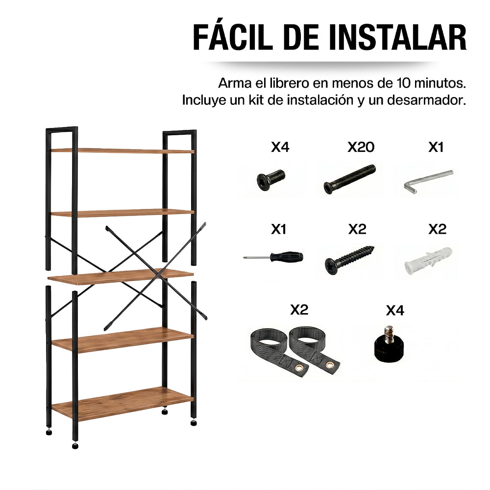 Librero de 5 Niveles Ajustables de Madera y Acero — medidas y especificaciones