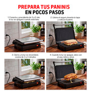 Parrilla Eléctrica para Panini, Antiadherente, Apertura 180° con Charola Removible