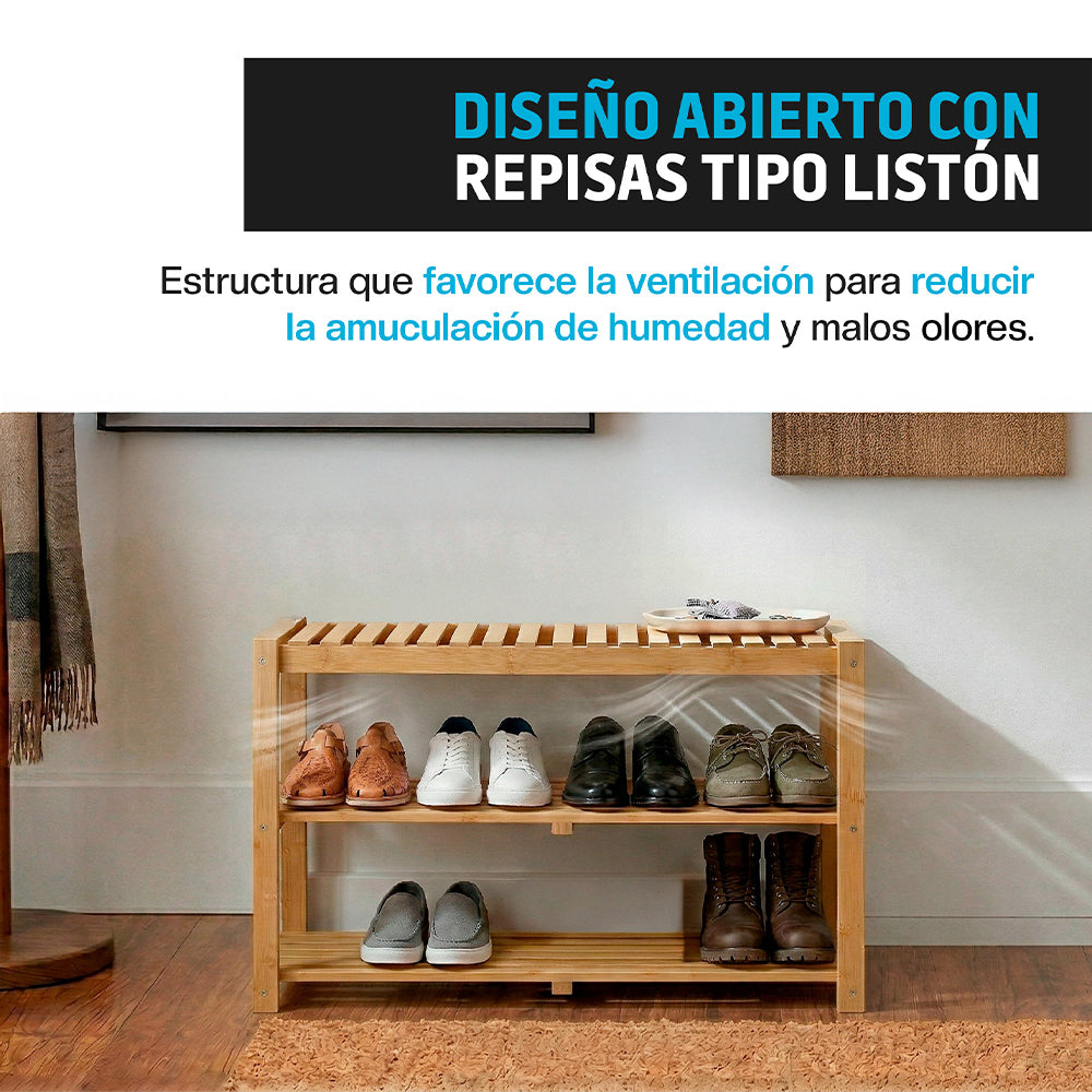 Zapatera de Bambú de 3 Niveles para 8 a 10 Pares — medidas y especificaciones