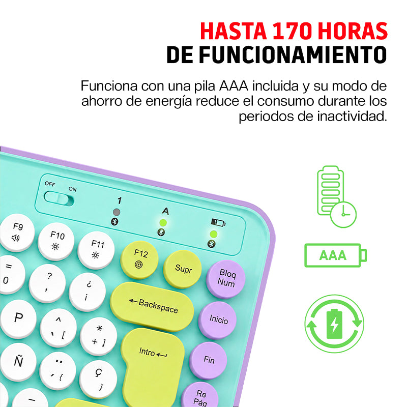 Teclado Inalámbrico en Español Diseño Retro con Teclas de Colores