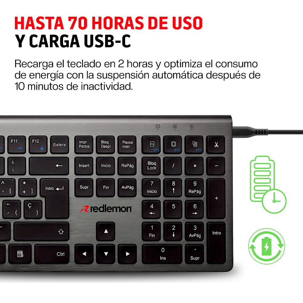 Teclado Inalámbrico Recargable con Cable USB-C para Windows, Mac y Android