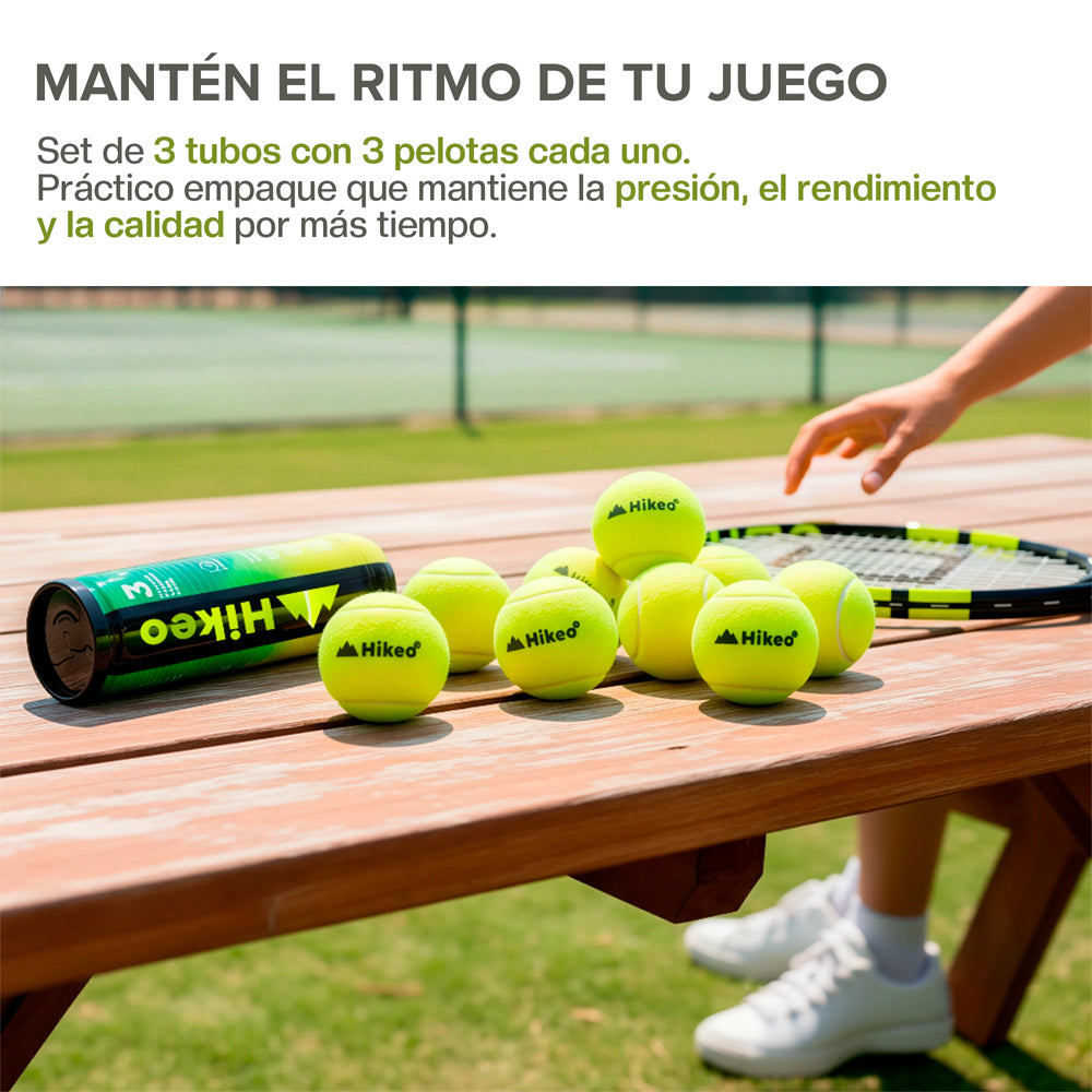 Set de 9 pelotas de pádel presurizadas en 3 tubos — medidas y especificaciones