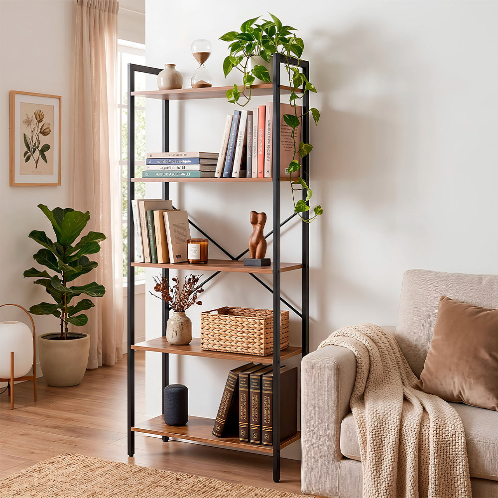 Librero de 5 Niveles Ajustables de Madera y Acero — contenido y accesorios