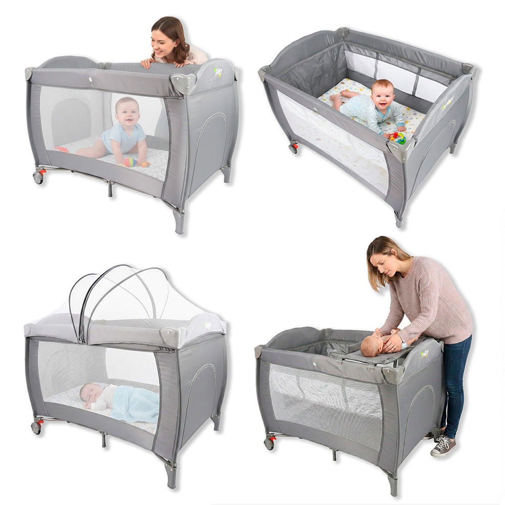 Cuna de Viaje 4 en 1 con Corral, Cambiador y Mosquitero Shimy — contenido y accesorios