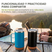 Set de 2 Termos de 700 ml con Base de Corcho y Popote — contenido y accesorios