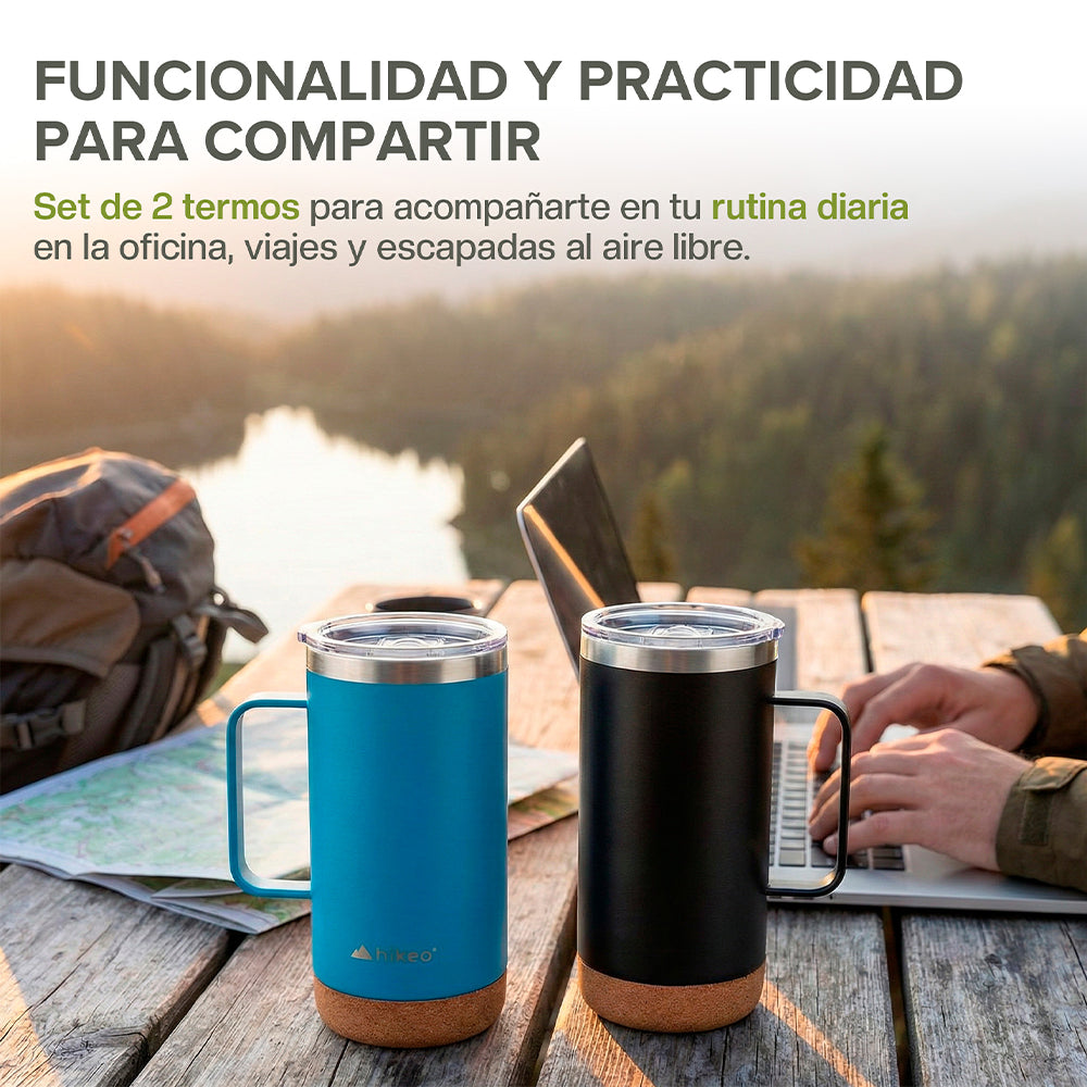 Set de 2 Termos de 700 ml con Base de Corcho y Popote — contenido y accesorios
