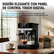 Cafetera espresso negra con panel de control touch digital