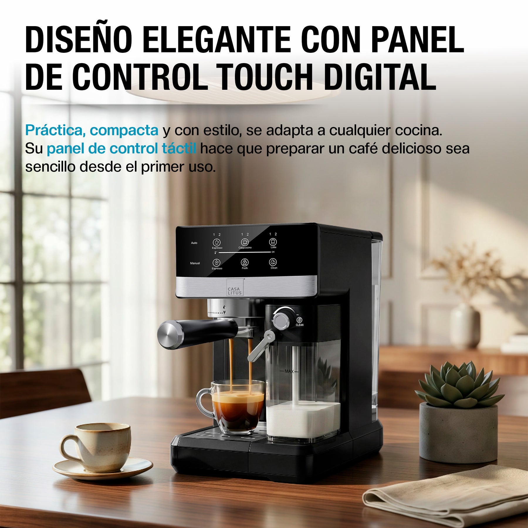 Cafetera espresso negra con panel de control touch digital