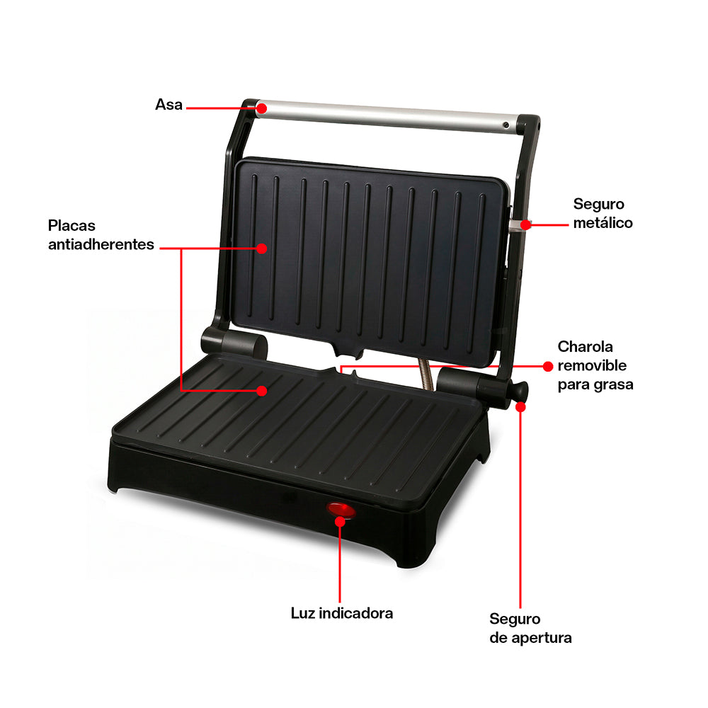 Parrilla Eléctrica para Panini, Antiadherente, Apertura 180° con Charola Removible
