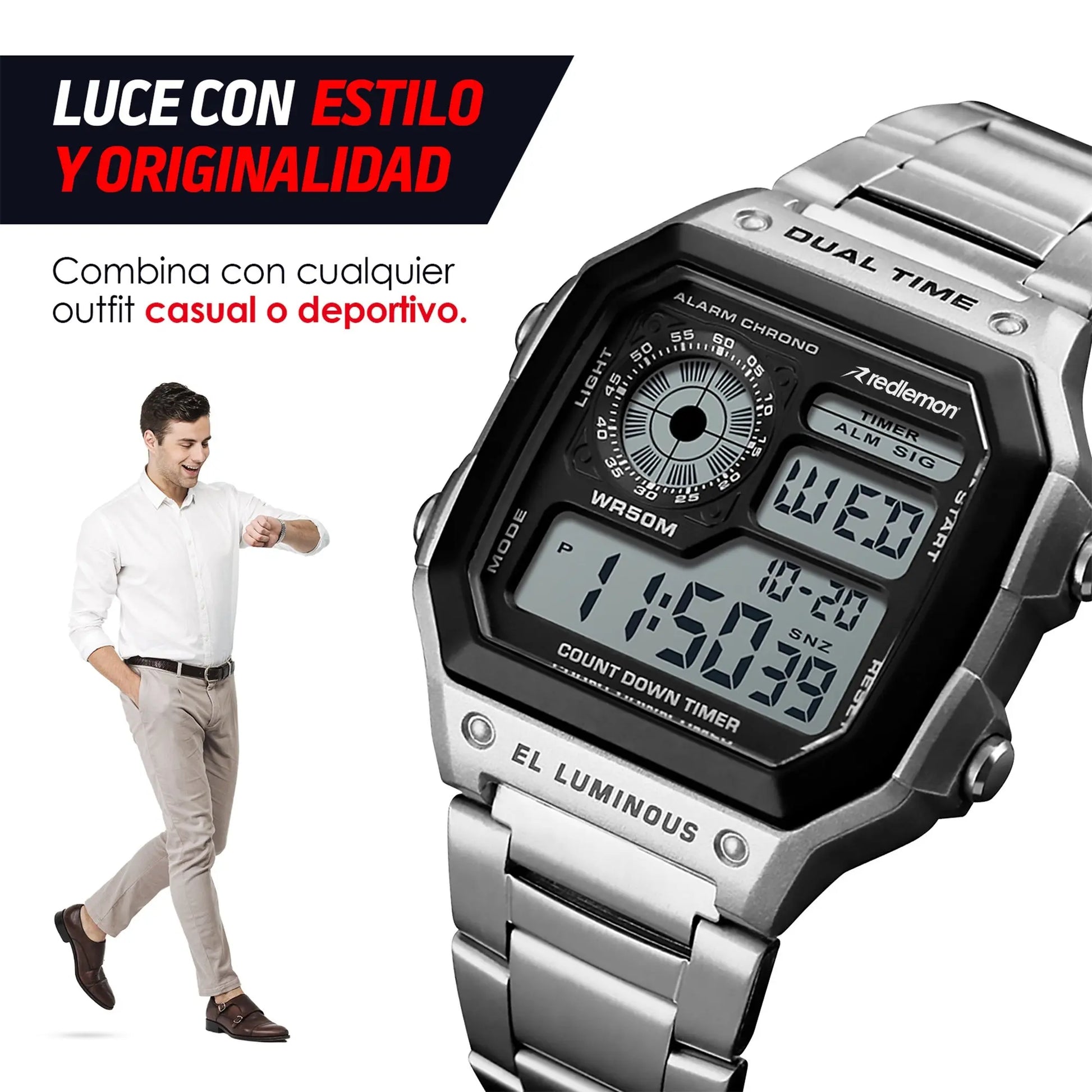 Reloj Digital Clásico con Correa de Metal Mod. 1335 Redlemon Technology México