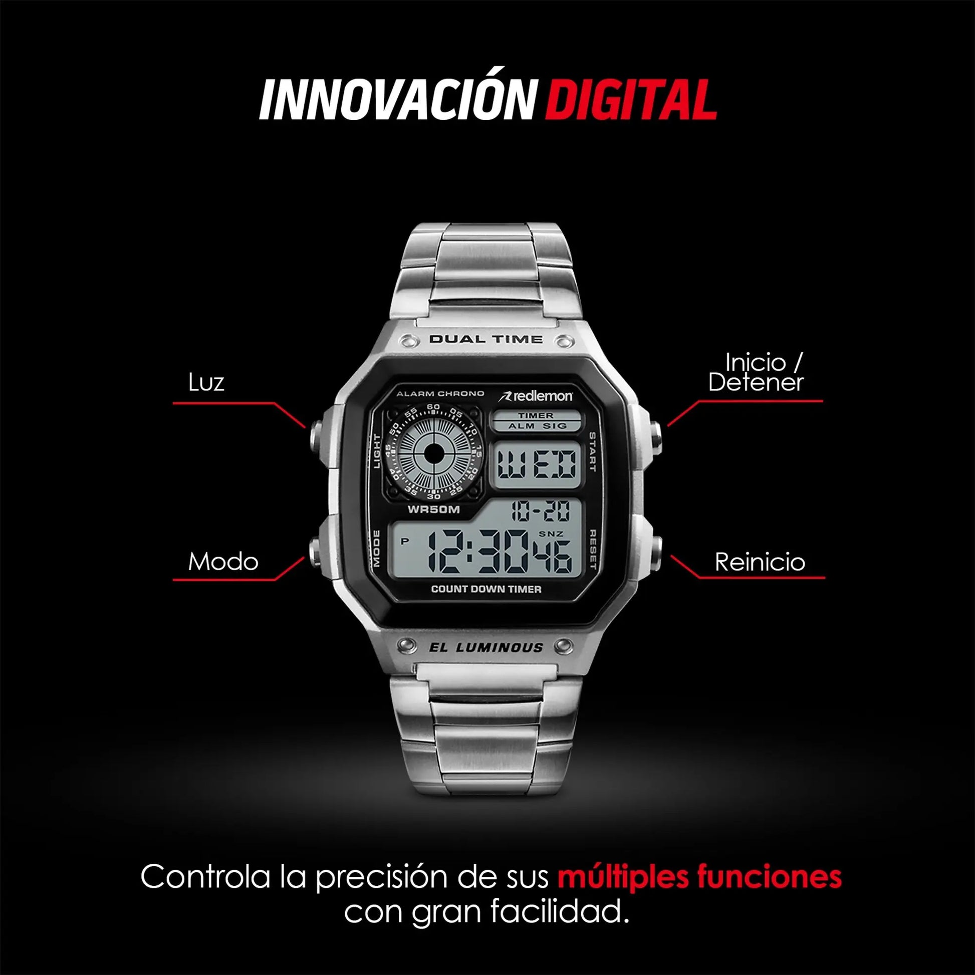 Reloj Digital Clásico con Correa de Metal Mod. 1335 Redlemon Technology México