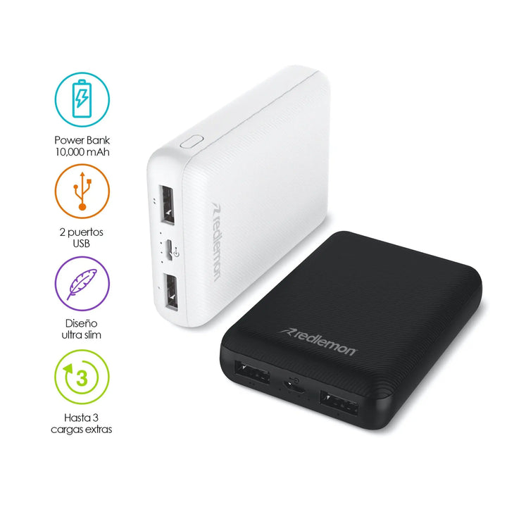 Power Bank 10,000 Mah Ultra Slim Carga Rápida 2 USB - Redlemon