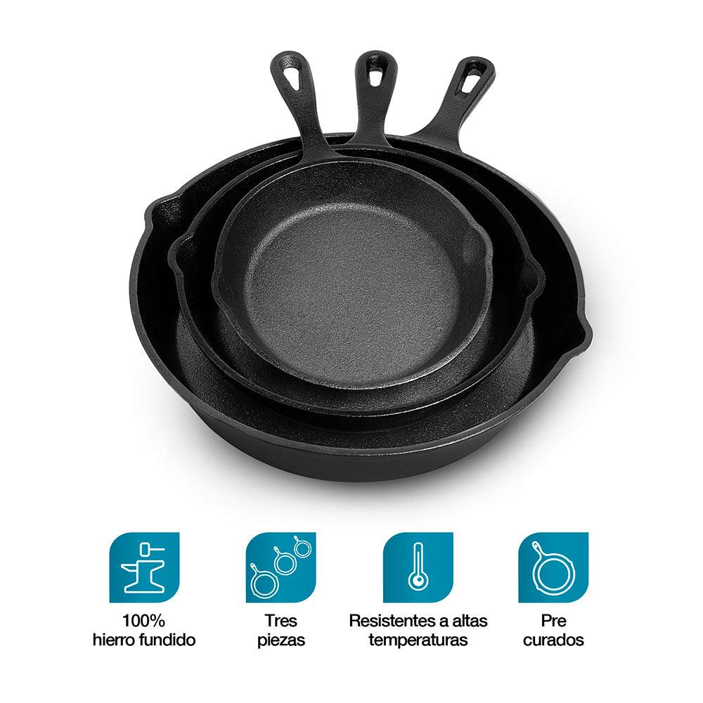 Set de 3 Sartenes de Hierro Fundido Antiadherente para Cocina