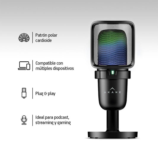 Micrófono Condensador Profesional USB con Filtro Antipop, LED y Base Akane
