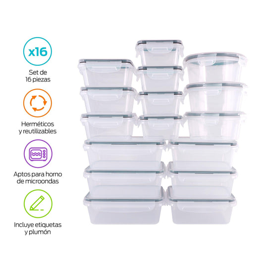 Contenedores para Alimentos Reutilizables de Plástico 16 Pz con Tapa - Redlemon